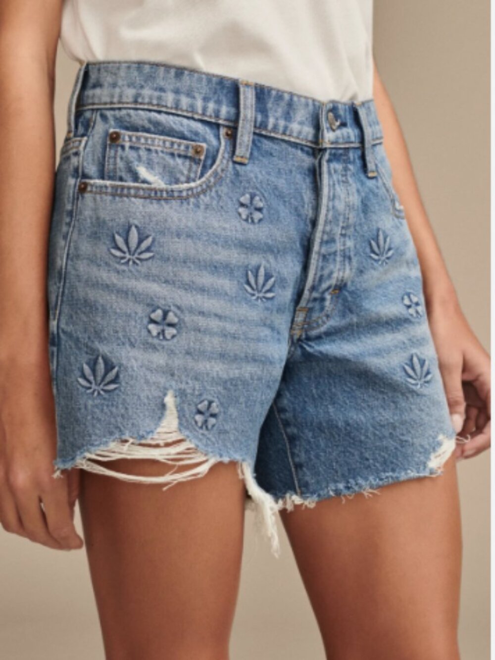 Lucky Brand 90's Midi Short Denim Shorts Size 12 Reverse Leaf Print High Rise